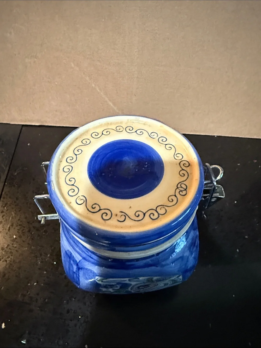 Blue Ceramic Floral Canister with Clamp Lid